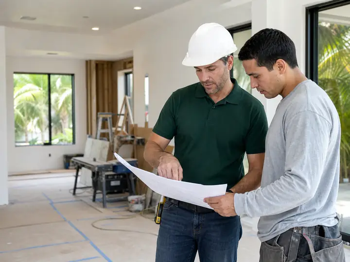 Contractors reviewing plans during an interior renovation