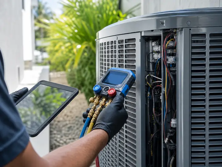 Technician checking an outdoor AC unit with a digital gauge